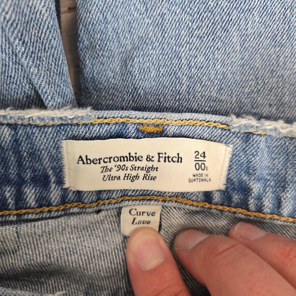 Abercrombie & Fitch 90's Straight High Rise Jeans Sz 24 Busted Knee Grunge Denim - Picture 9 of 15